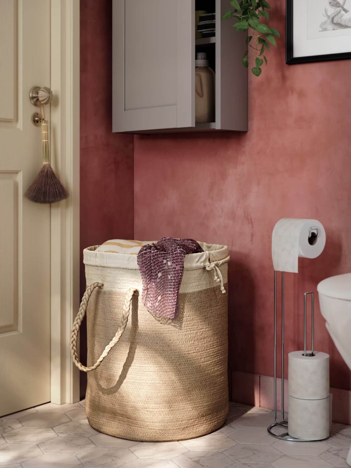 89 Pink Bathroom Ideas: From Hot Pink Walls to Blush Tiles 5 pink ikea bathroom with ljungan laundry basket nordroom