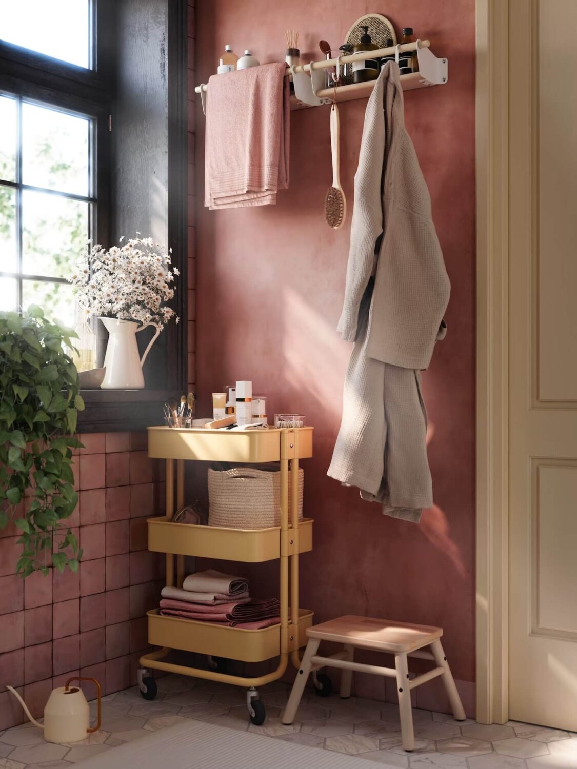 89 Pink Bathroom Ideas: From Hot Pink Walls to Blush Tiles 3 pink ikea bathroom with yellow raskog rolling table nordroom