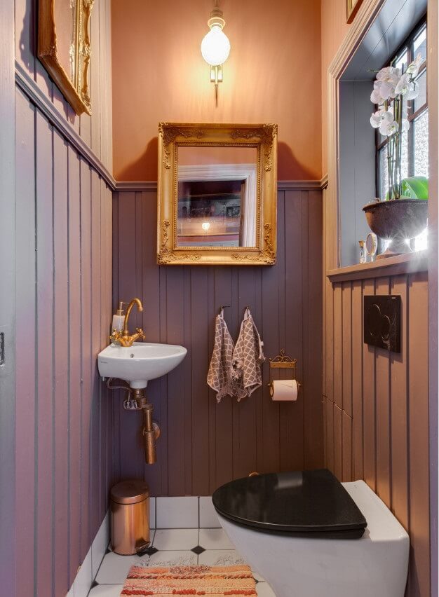 89 Pink Bathroom Ideas: From Hot Pink Walls to Blush Tiles 67 pink-powder-room-antique-mirror-nordroom