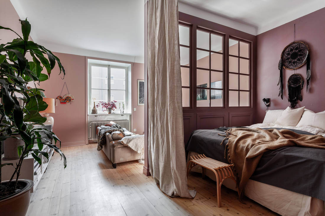 53 Studio Apartments with a Curtain Room Divider 7 pink-studio-apartment-wall-curtain-room-divider-nordroom