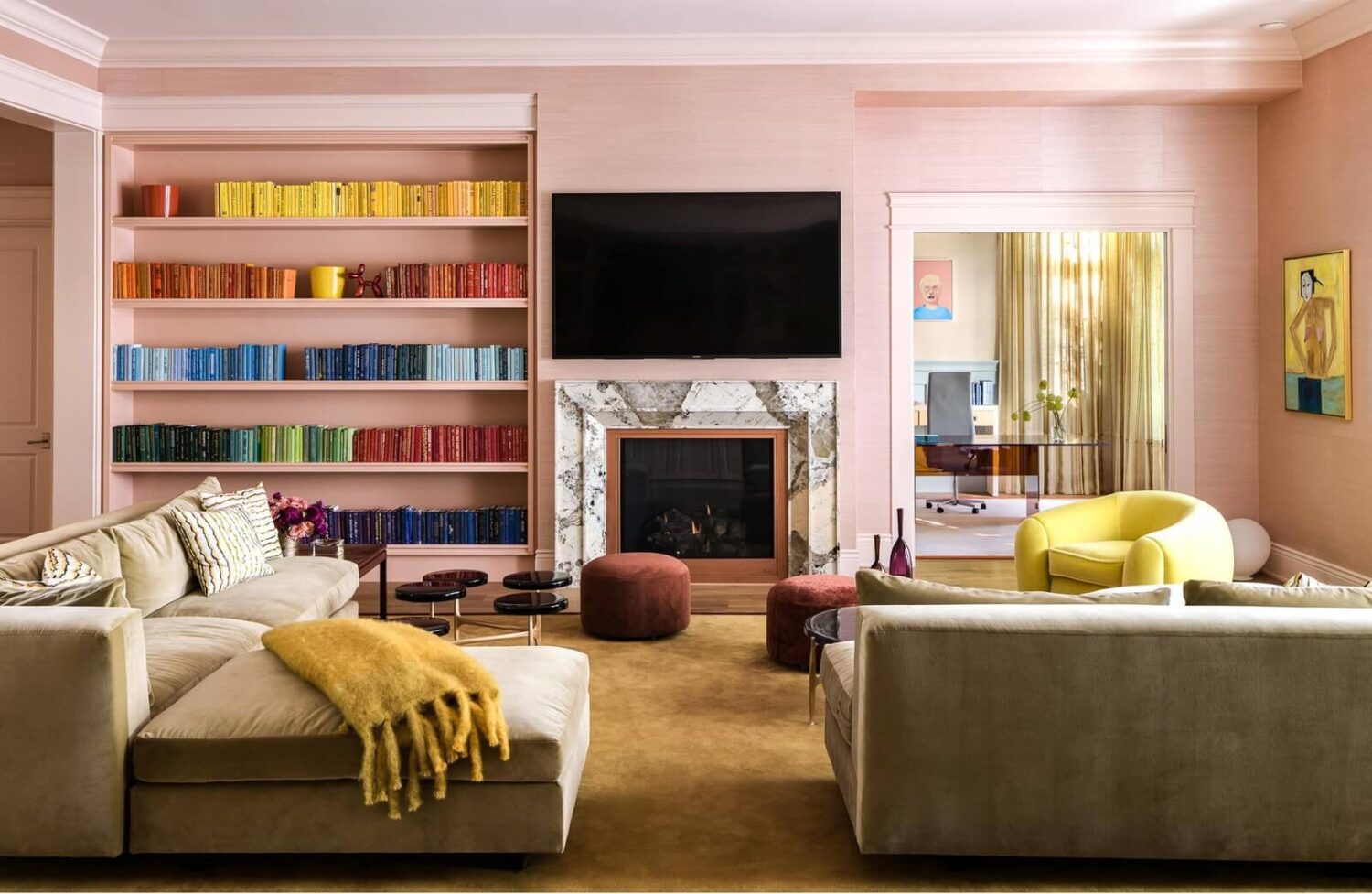 17 Shades of Pink in Fredrik Eklund's Beverly Hills Home 9 pink-television-room-color-coded-bookshelves-nordroom