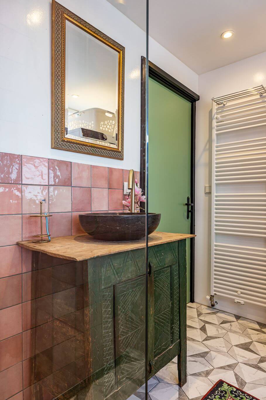 A Colorful Church Conversion in The Netherlands 21 pink-tiles-bathroom-nordroom
