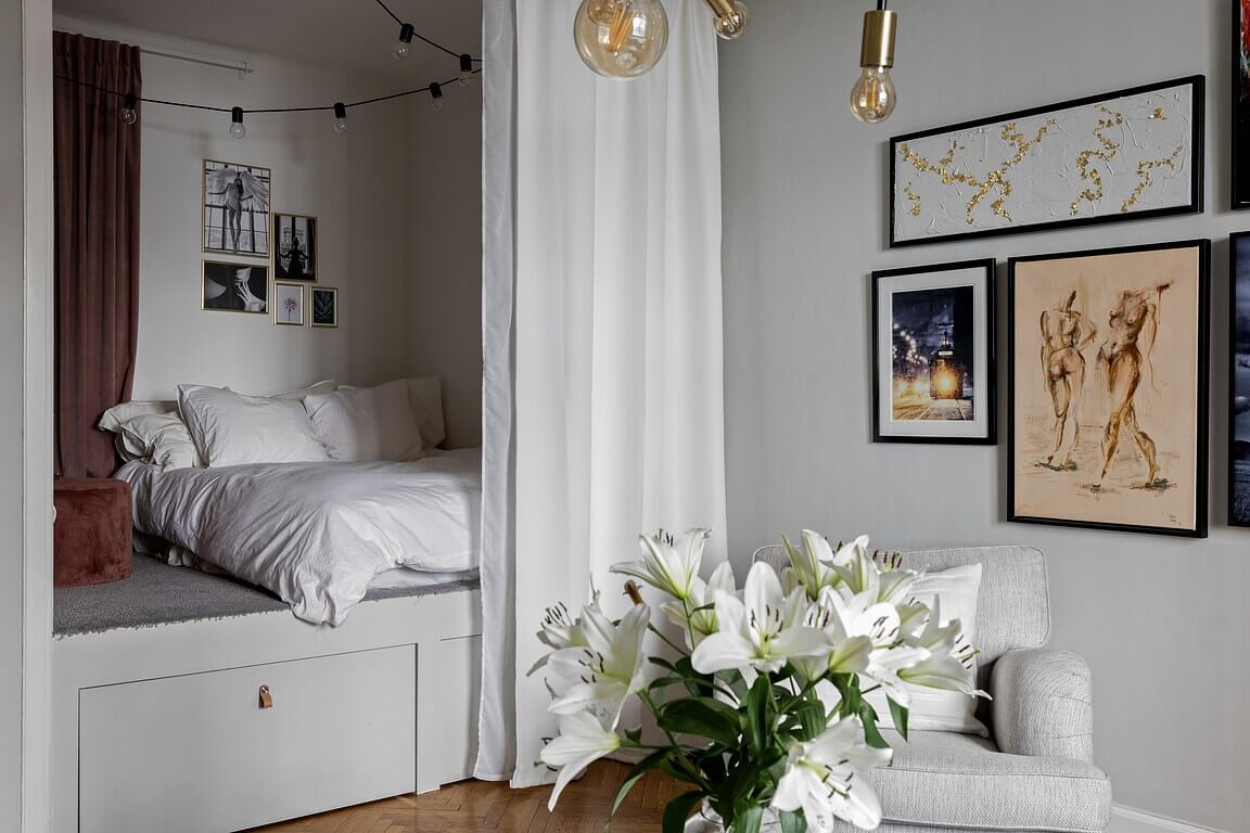 53 Studio Apartments with a Curtain Room Divider 26 platform-bed-drawers-curtain-room-divider-studio-apartment-nordroom