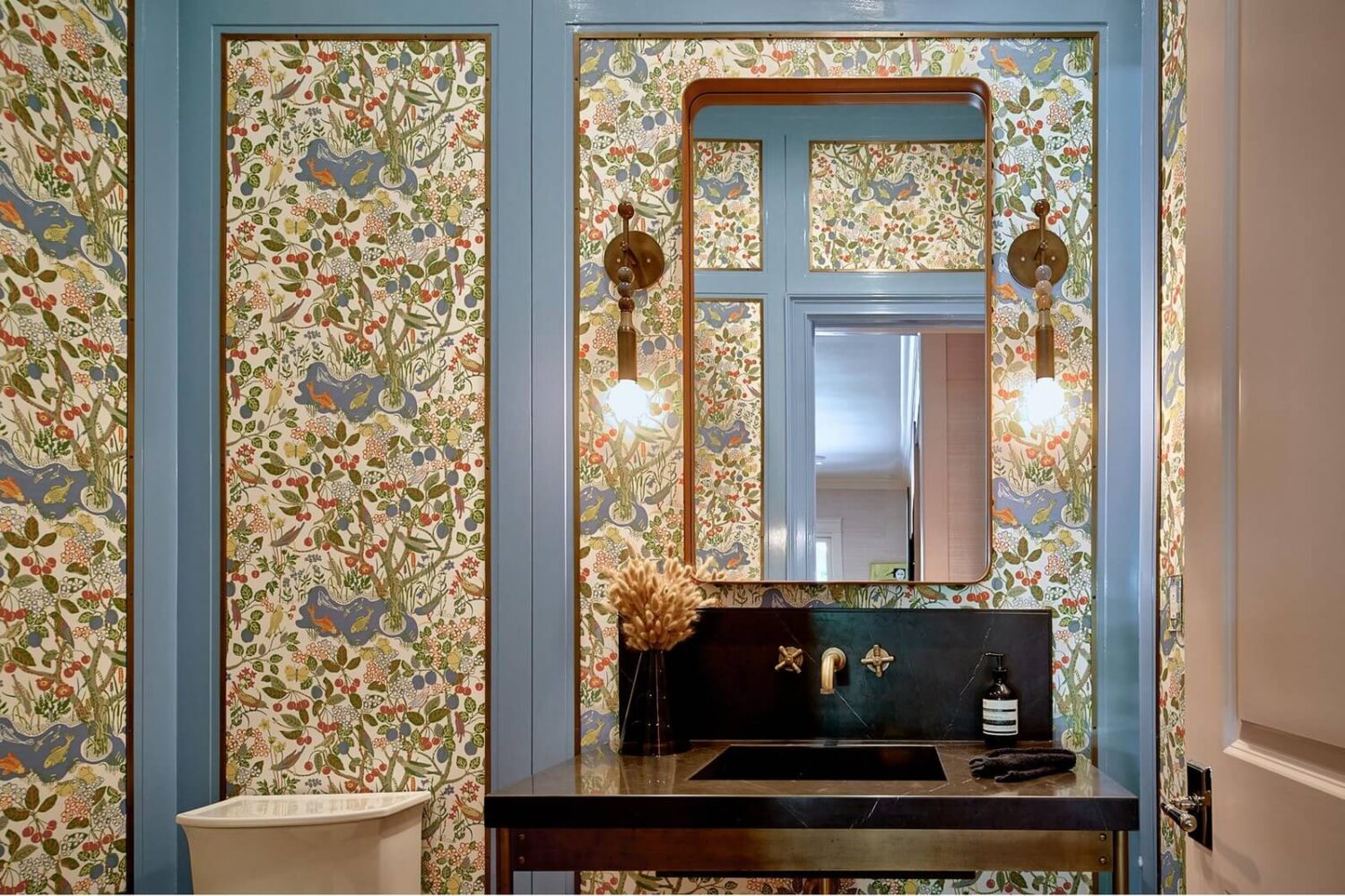 17 Shades of Pink in Fredrik Eklund's Beverly Hills Home 11 powder-room-wallpaper-pastel-blue-nordroom