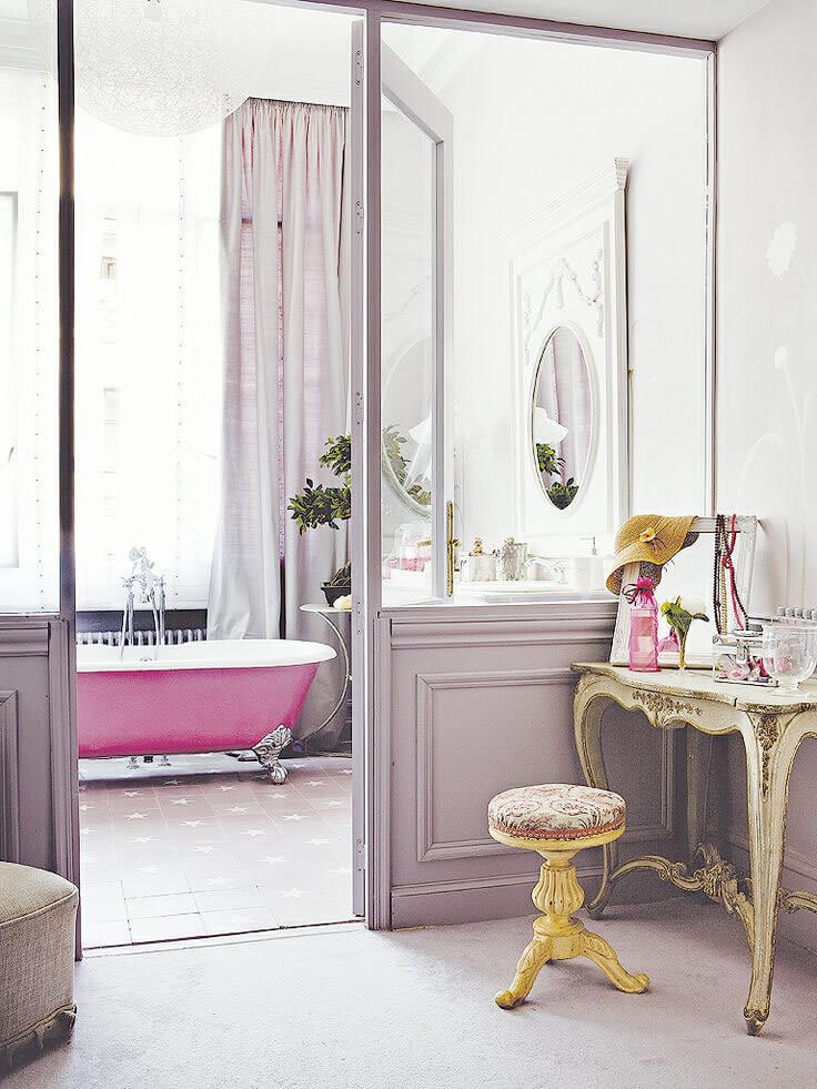 89 Pink Bathroom Ideas: From Hot Pink Walls to Blush Tiles 43 romantic-vintage-bathroom-pink-clawfoot-bath-nordroom