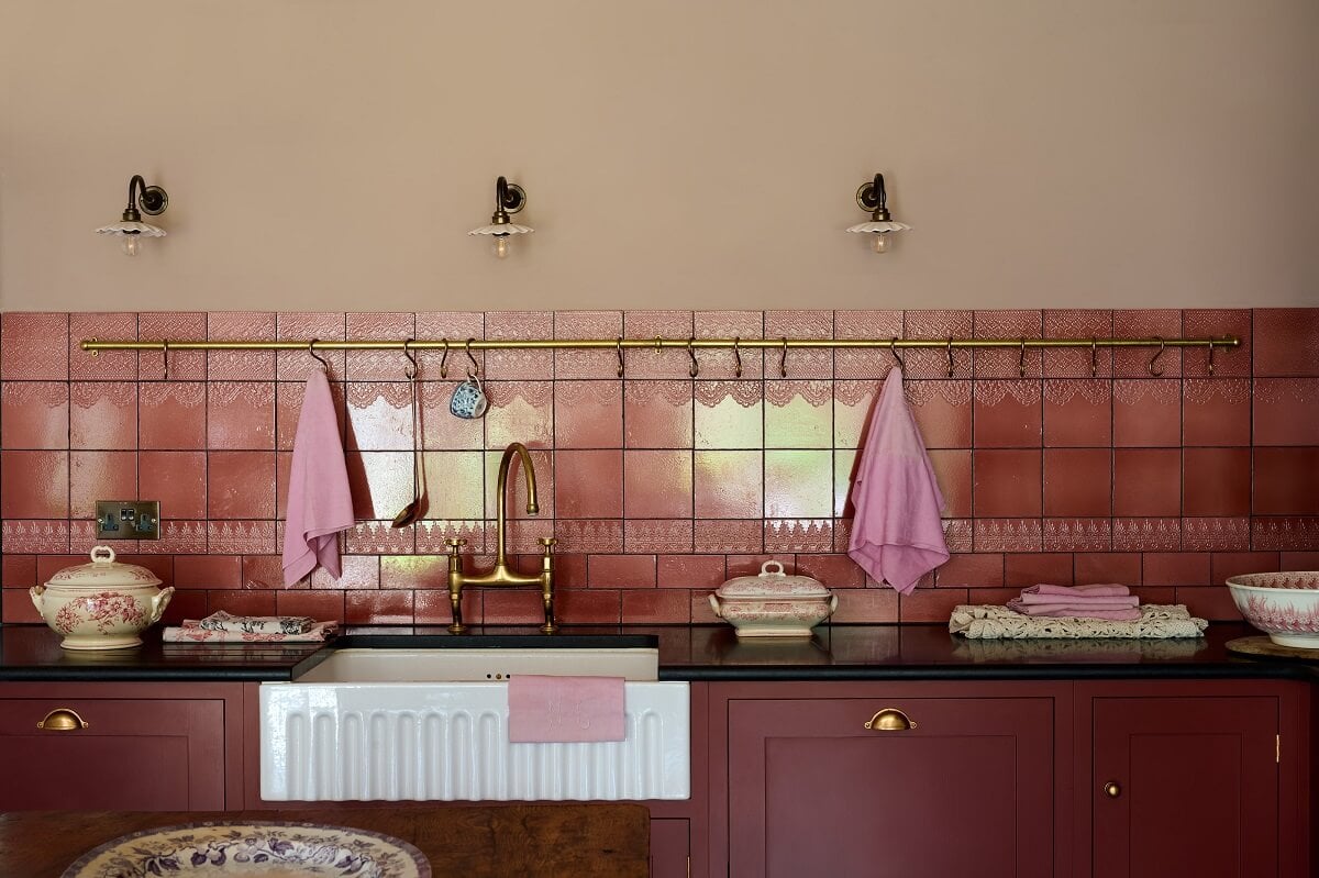 An English Country House Kitchen with Pink Tiles 6 rose-lace-market-tiles-devol-butler-sink-red-cabinets-nordroom