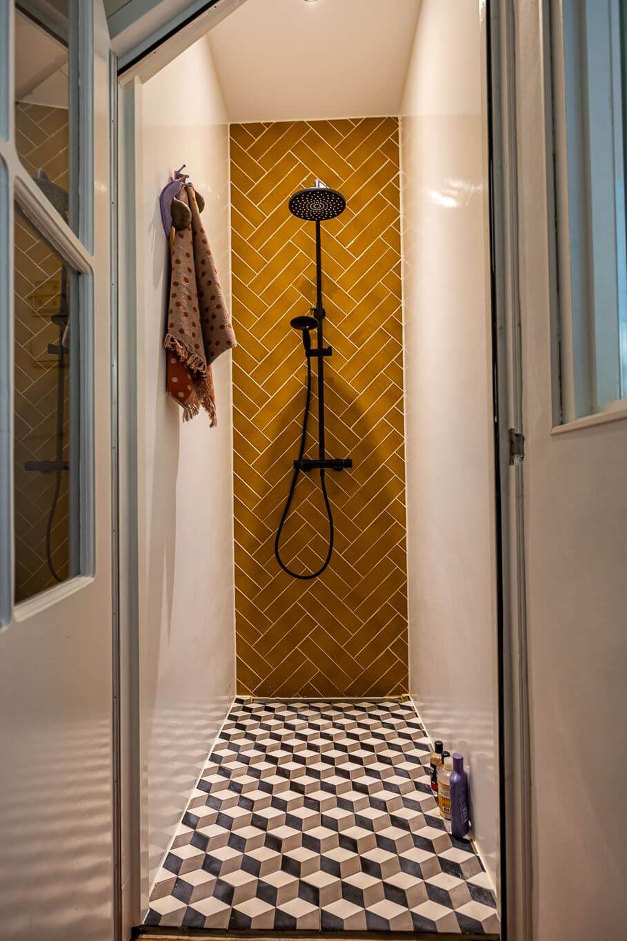 Inspiring Bathrooms With Geometric Tiles 8 shower-room-mustard-yellow-walls-tiles-geometric-floor-tiles-nordorom