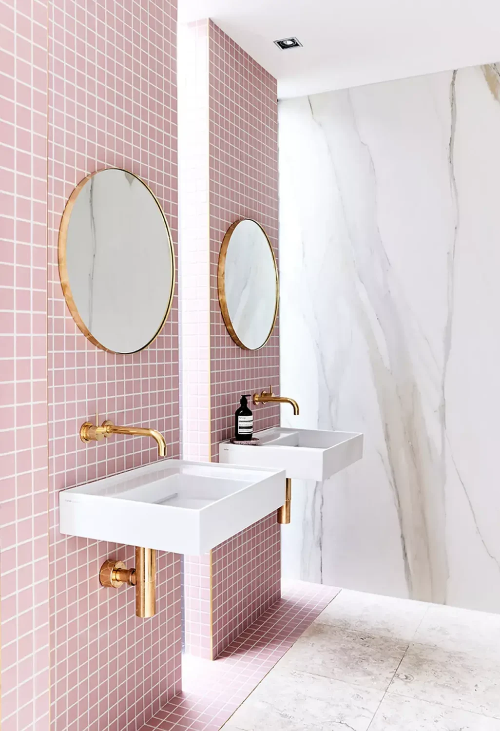 89 Pink Bathroom Ideas: From Hot Pink Walls to Blush Tiles 115 small tile feature wall sinks nordroom