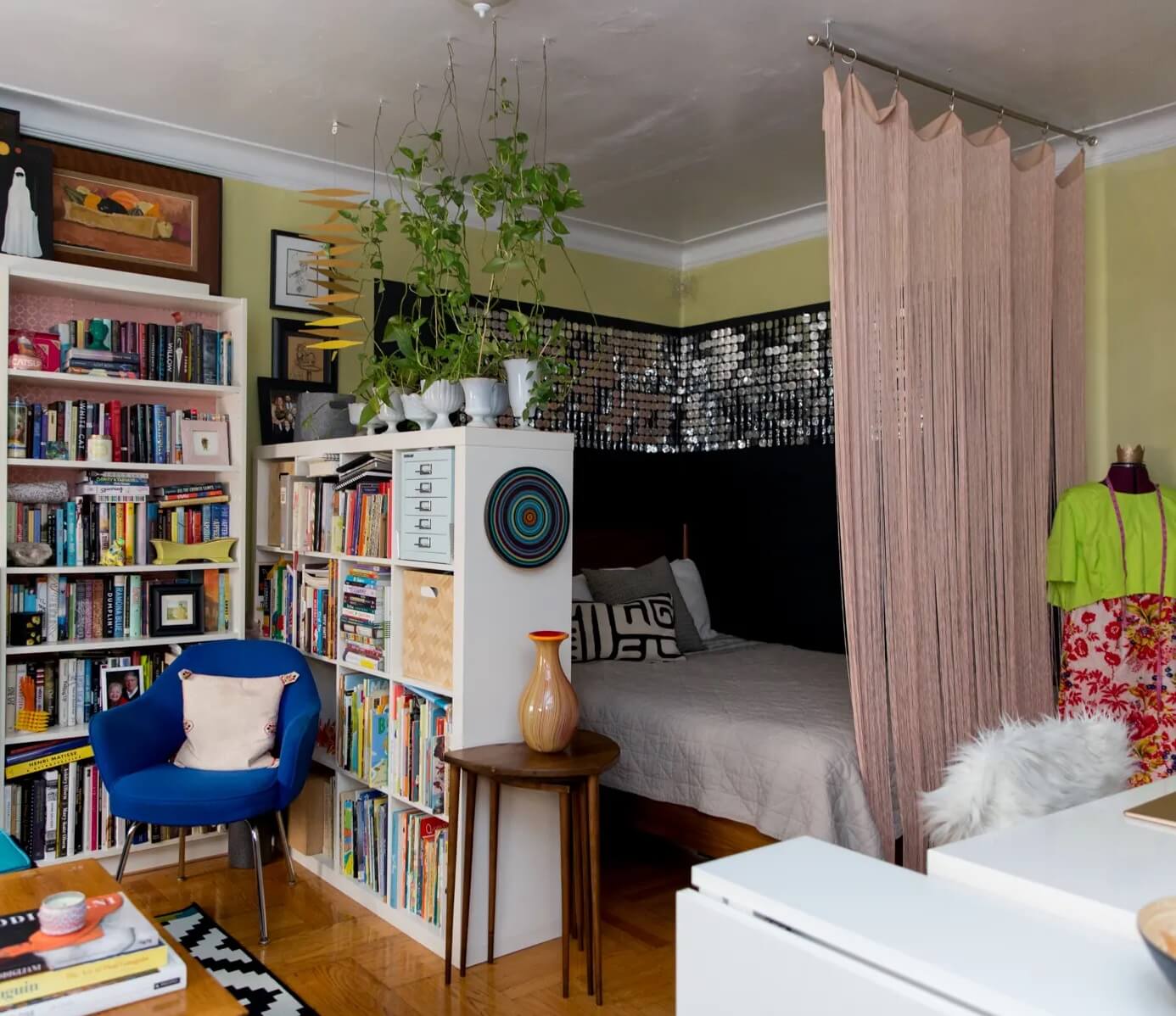 43 Ideas To Divide a Studio Apartment Into Multiple Rooms 54 studio-apartment-curtain-bookcase-room-divider-nordroom