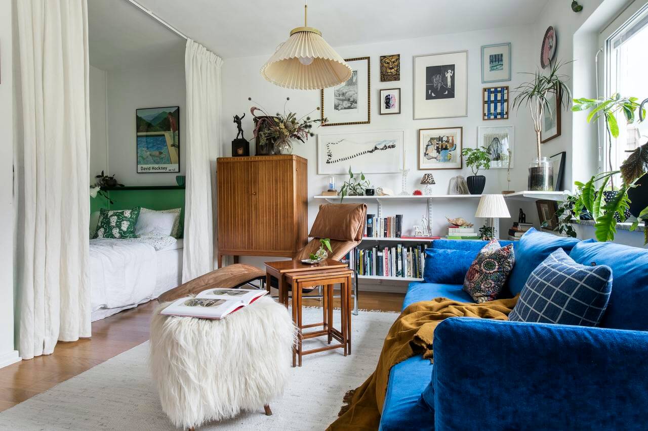 53 Studio Apartments with a Curtain Room Divider 4 studio-apartment-curtain-room-divider-half-painted-green-wall-nordroom