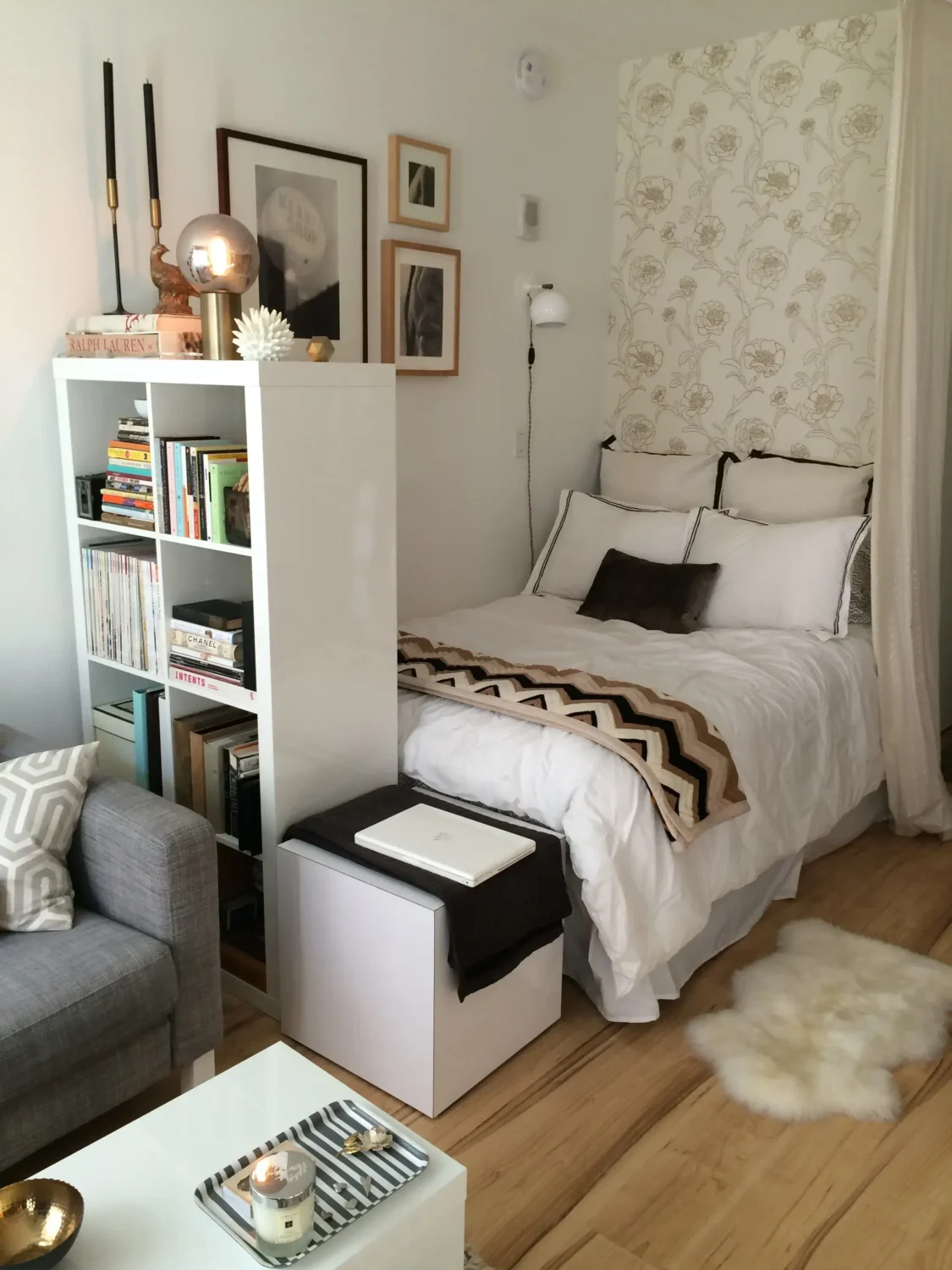 53 Studio Apartments with a Curtain Room Divider 6 studio-apartment-kallax-bookcase-curtain-room-divider-nordroom