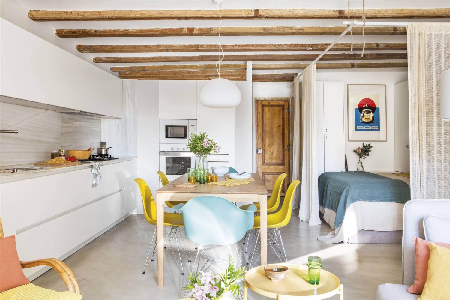 53 Studio Apartments with a Curtain Room Divider 2 studio-apartment-white-kitchen-wooden-beams-curtain-room-divider-nordroom
