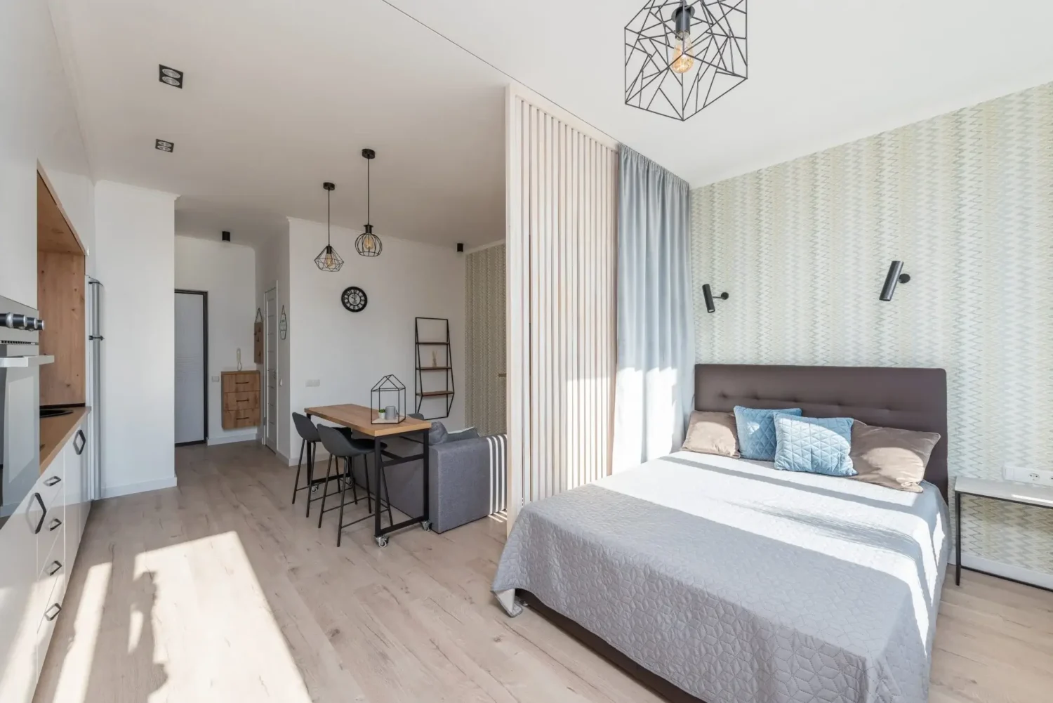 53 Studio Apartments with a Curtain Room Divider 70 studio-apartment-wood-slats-curtain-room-divider-nordroom