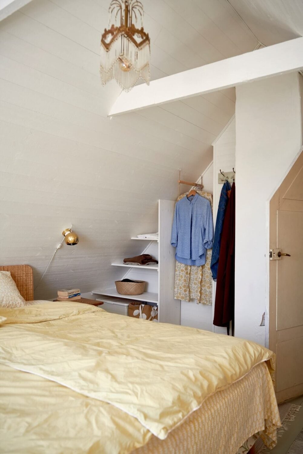 How To Decorate A Bedroom with A Slanted Ceiling 37 white-attic-bedroom-open-wardrobe-yellow-bedding-nordroom
