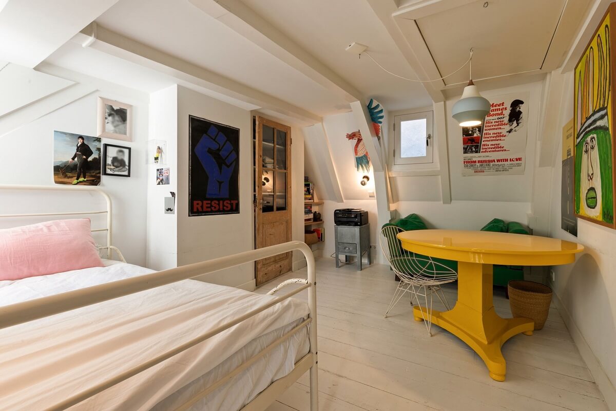 A Family Home in a Historic Canal House 22 white-bedroom-low-ceiling-yellow-round-table-nordroom