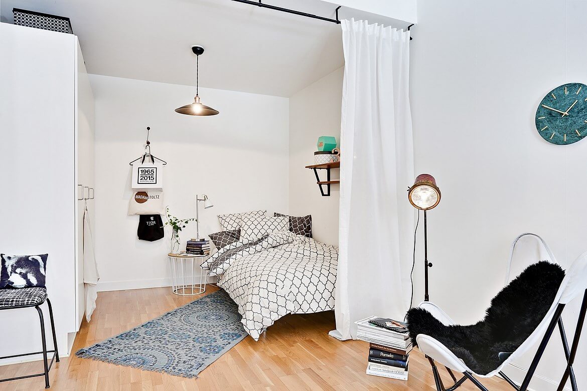 53 Studio Apartments with a Curtain Room Divider 59 white-curtain-room-divider-scandi-studio-nordroom
