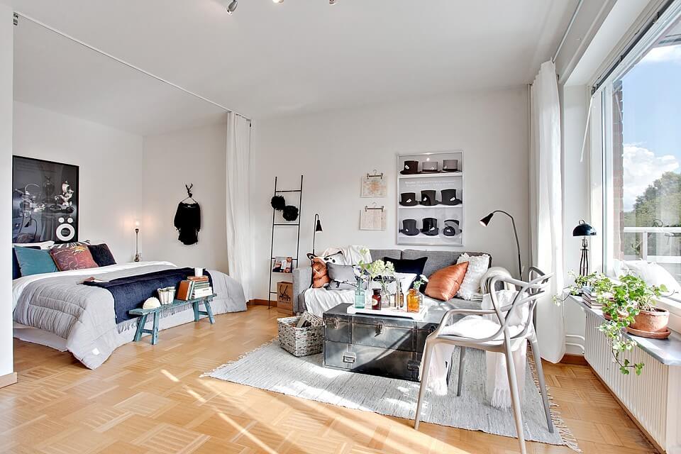 53 Studio Apartments with a Curtain Room Divider 41 white-curtain-room-divider-studio-apartment-nordroom