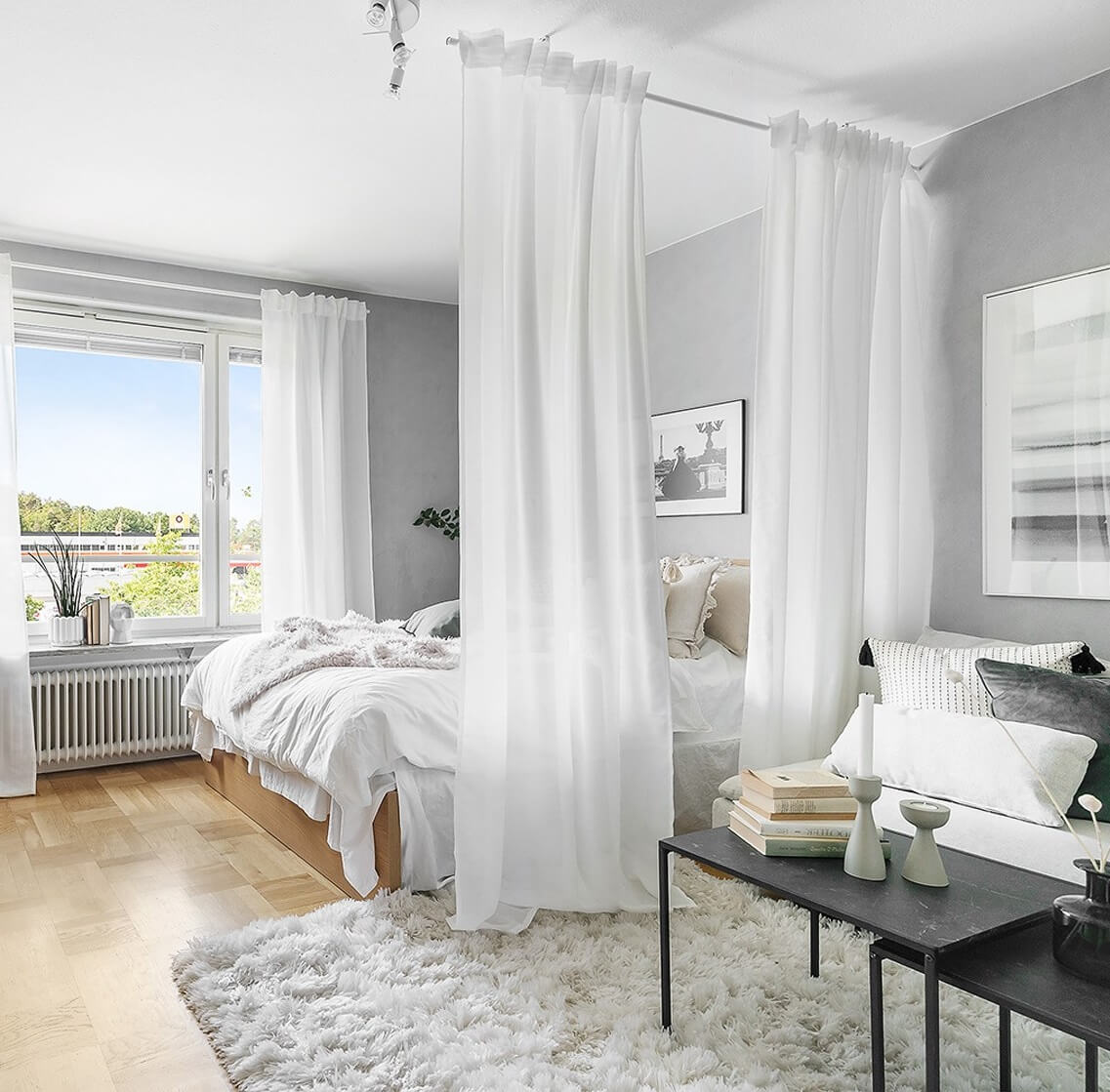53 Studio Apartments with a Curtain Room Divider 44 white-curtains-scandinavian-studio-apartment-nordroom