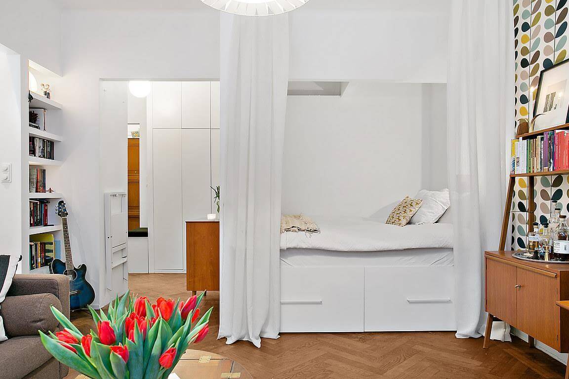 53 Studio Apartments with a Curtain Room Divider 66 white-curtains-studio-apartment-wooden-floor-nordroom