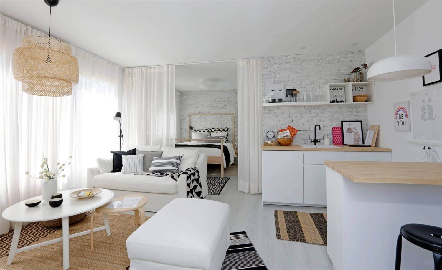 53 Studio Apartments with a Curtain Room Divider 12 white-studio-apartment-curtain-room-divider-nordroom