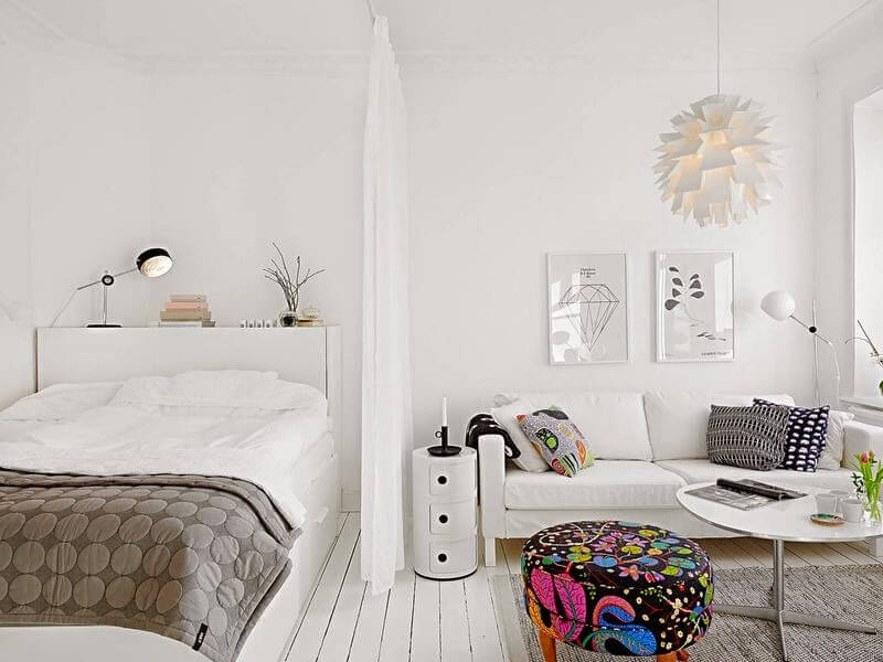 53 Studio Apartments with a Curtain Room Divider 24 white-studio-apartment-sheer-curtain-room-divider-nordroom