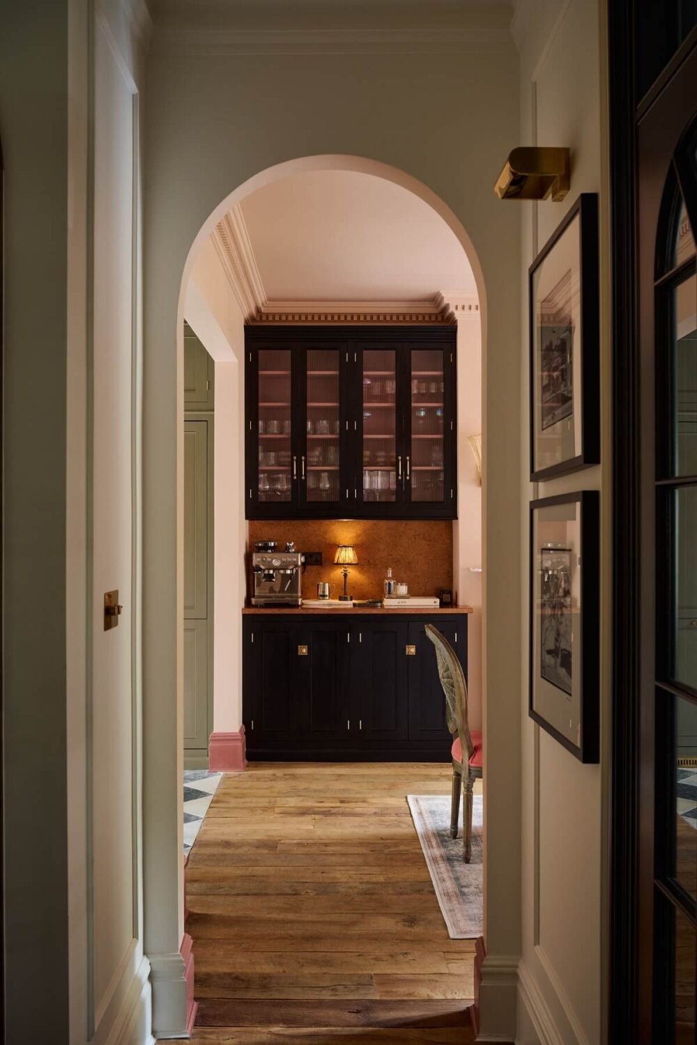 An All-Green deVOL Kitchen with A Marble Checkerboard Floor 17 arched-doorway-ining-room-bar-nordroom