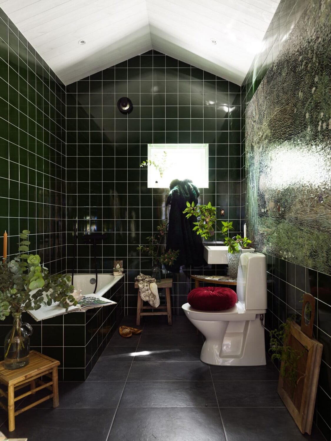 A Rustic Log Cabin With A Green Bathroom 14 bathroom-green-tiles-pitched-ceiling-nordroom