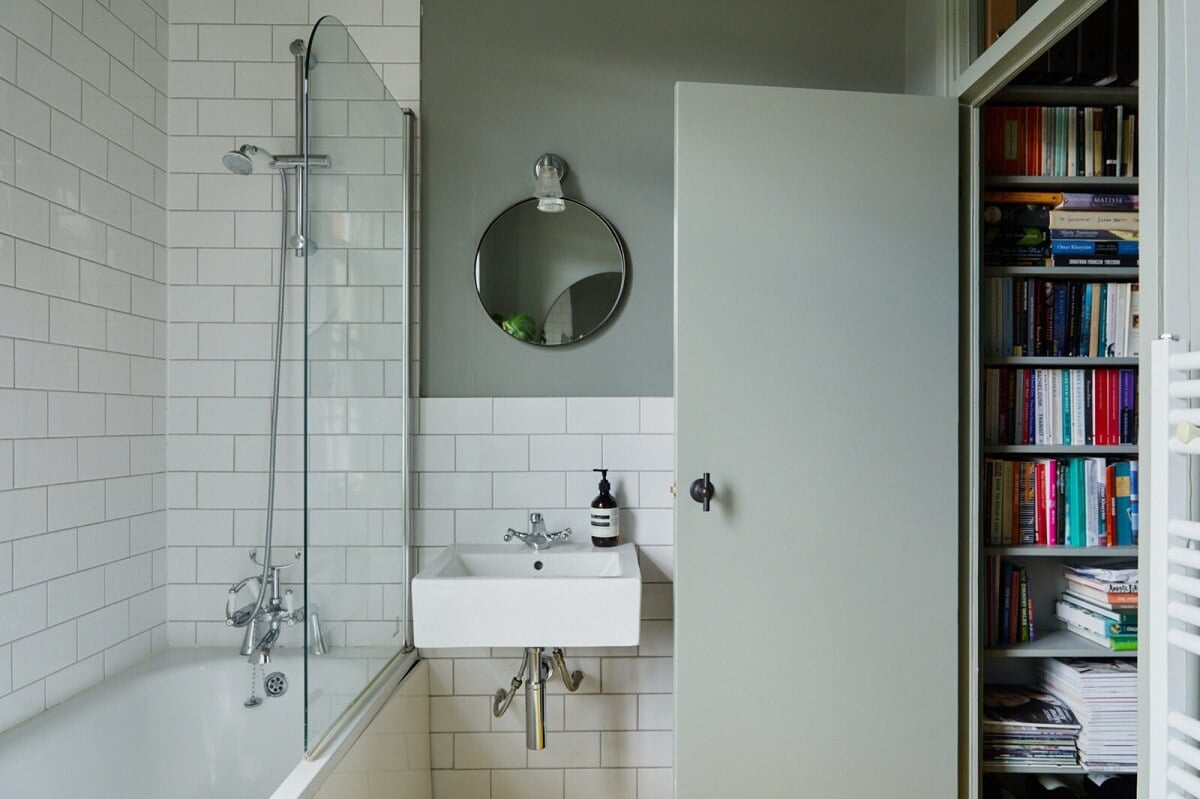 A London Apartment with a Small Blue deVOL Kitchen 12 bathroom-light-gray-walls-white-tiles-nordroom