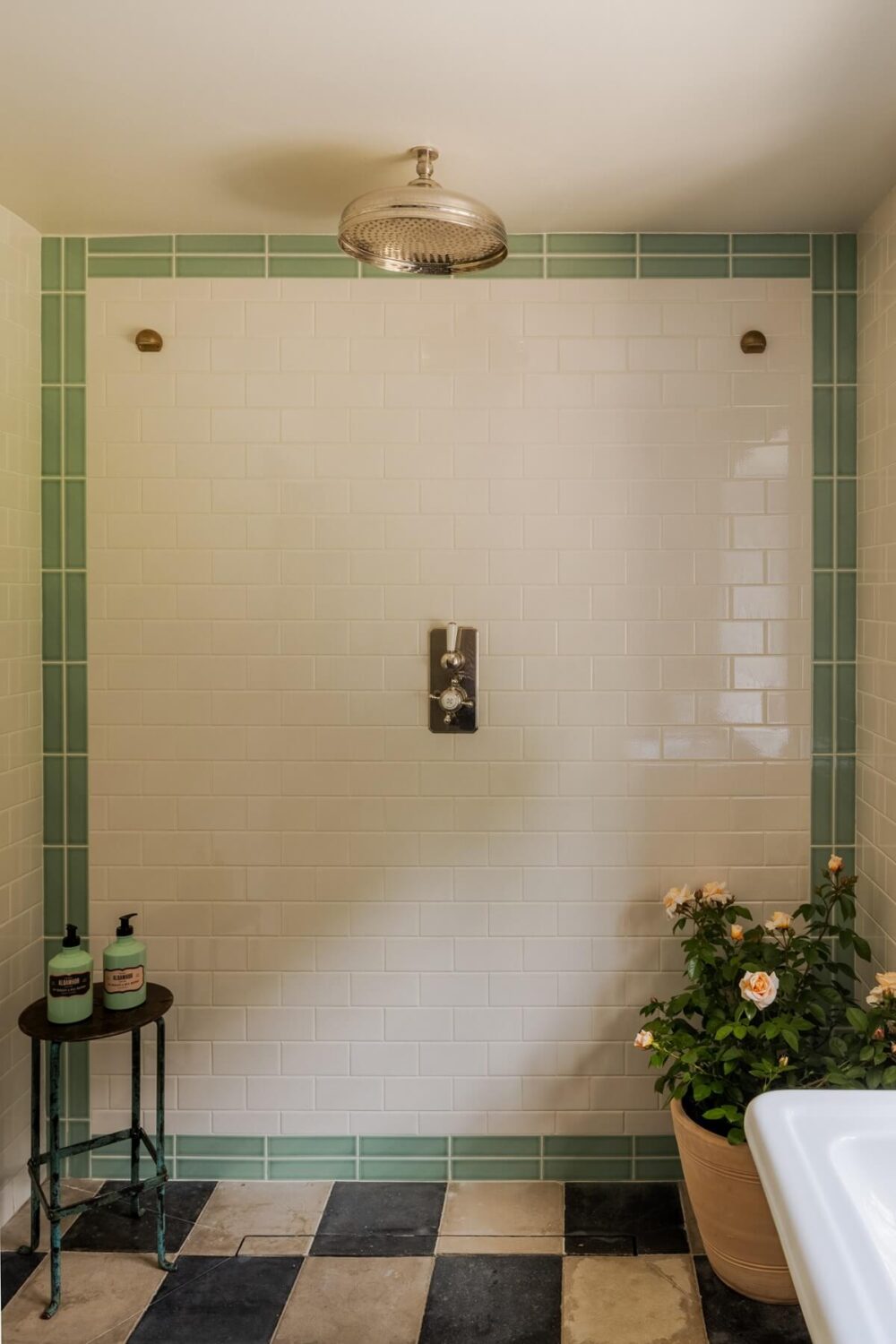 A Colorful Renovated Country House by Clarence & Graves 24 bathroom-shower-checkerboard-floor-nordroom