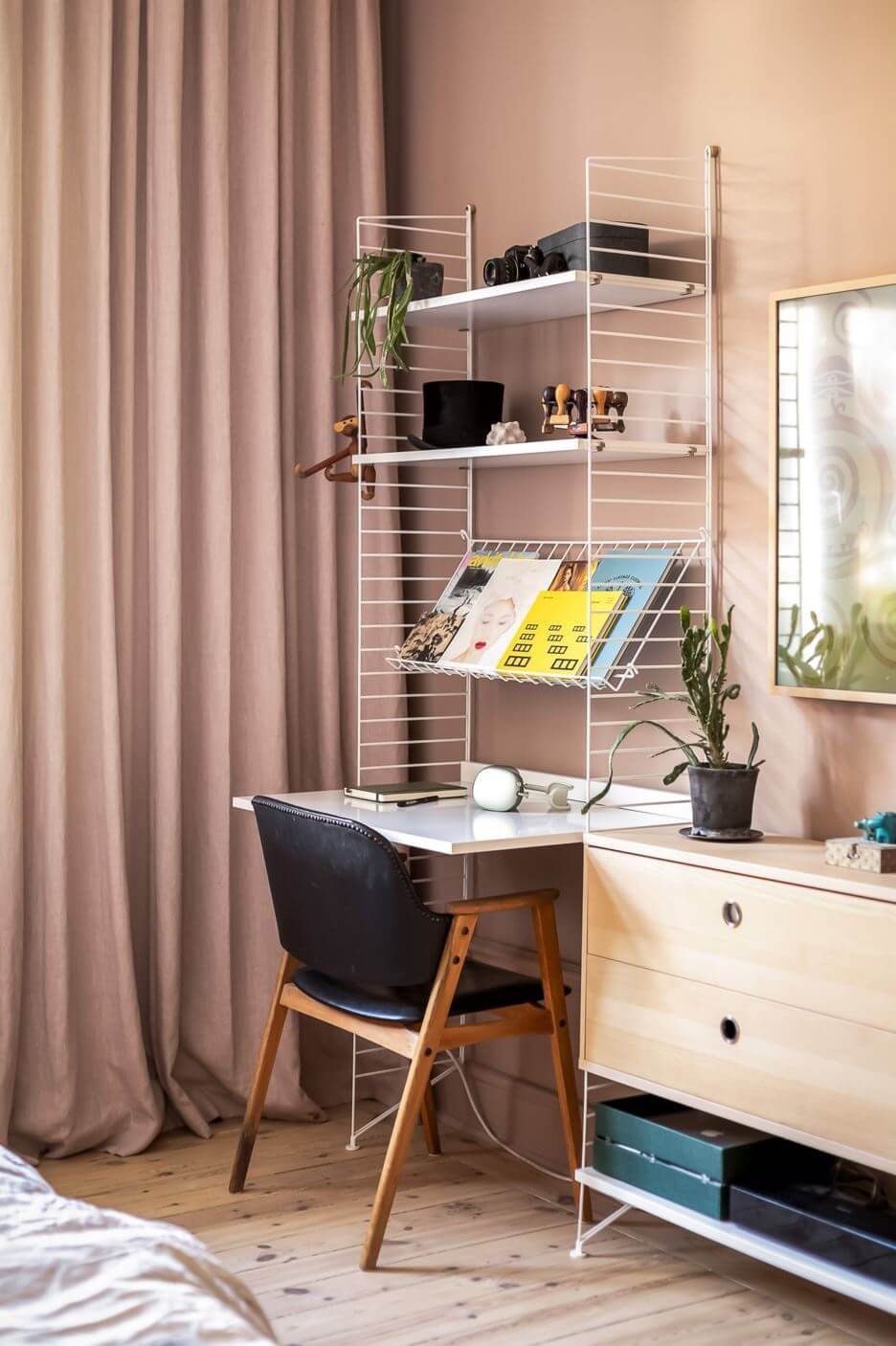 A Custom Headboard in a Light-Filled Swedish Apartment 19 bedroom-home-office-string-shelves-nordroom
