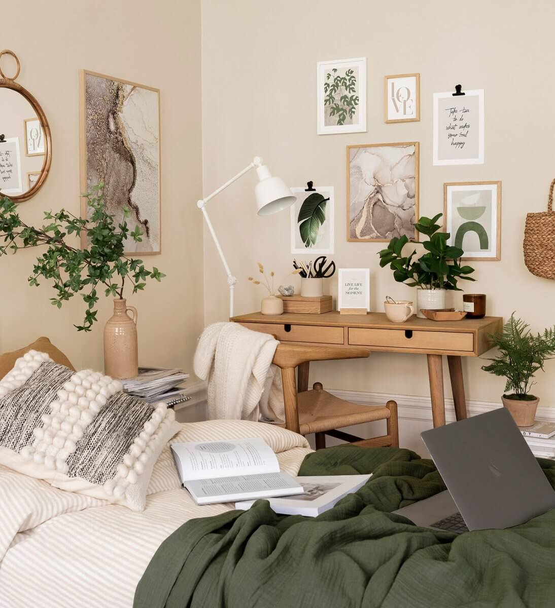 Glidden & PPG Color of the Year 2024: Limitless 22 bedroom-light-yellow-wall-green-accents-home-office-nordroom