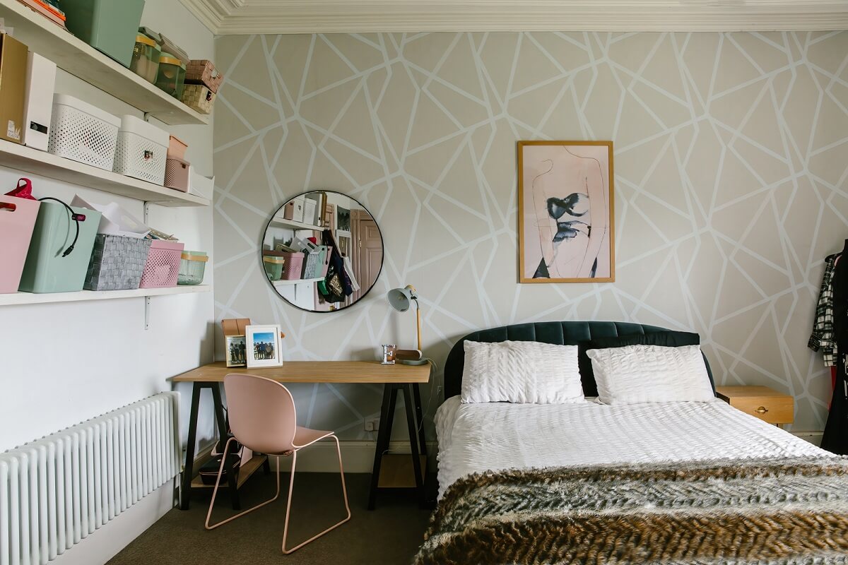 A Georgian House in England with Bold Color Pops 26 bedroom-with-desk-shelves-nordroom