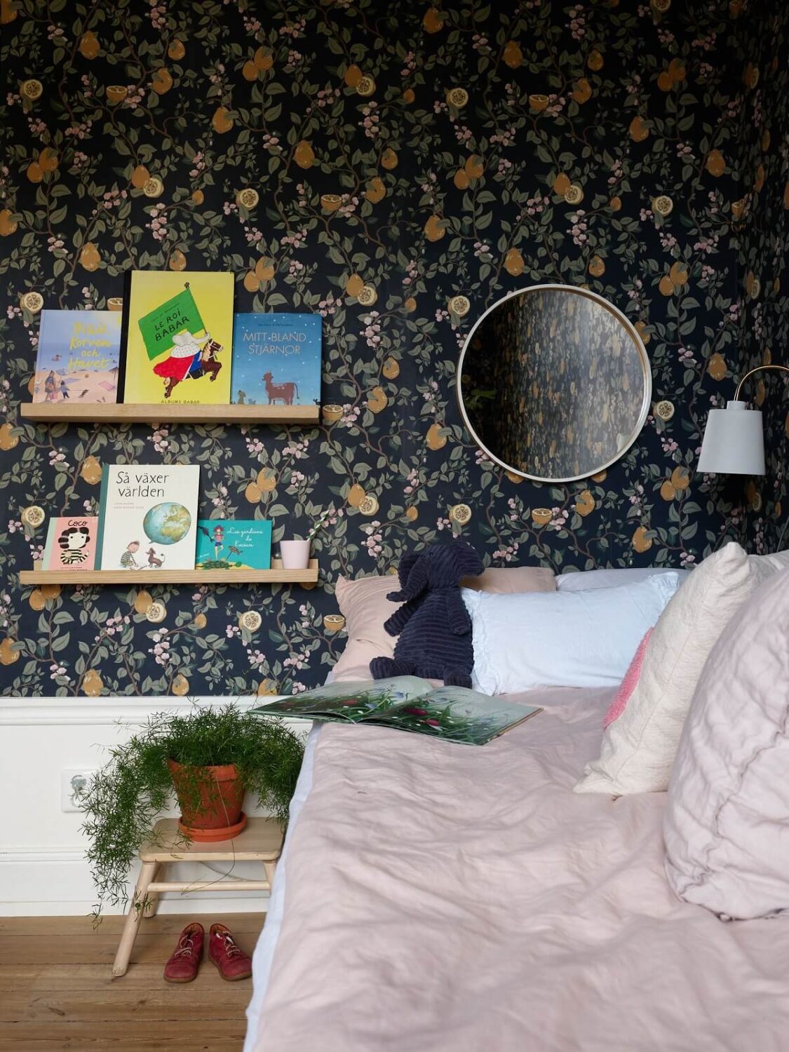 Beige Walls in a Serene Family Apartment in Sweden 23 childrens-bedroom-blue-wallpaper-nordroom