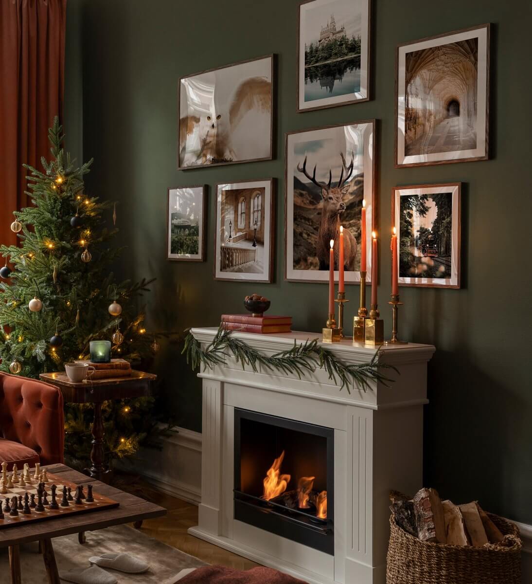 Dutch Boy Color of the Year 2024: Ironside 34 christmas-living-room-dark-olive-green-walls-earthy-color-accents-nordroom