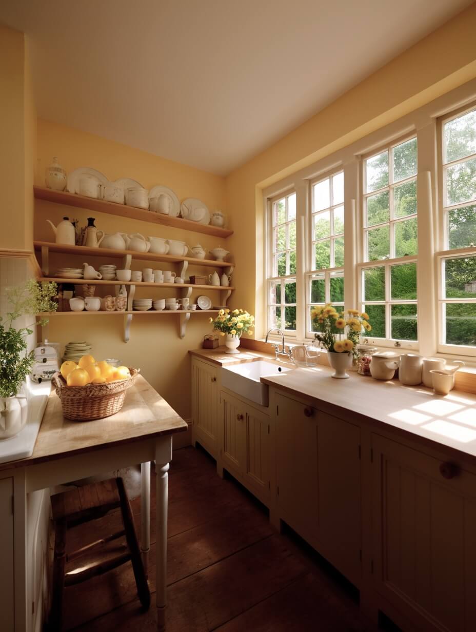 The Color Trends for 2024: Comforting Neutrals & Positive Accents 45 cottage kitchen light yellow walls cabinets open shelves butler sink ppg limitless color of the year nordroom