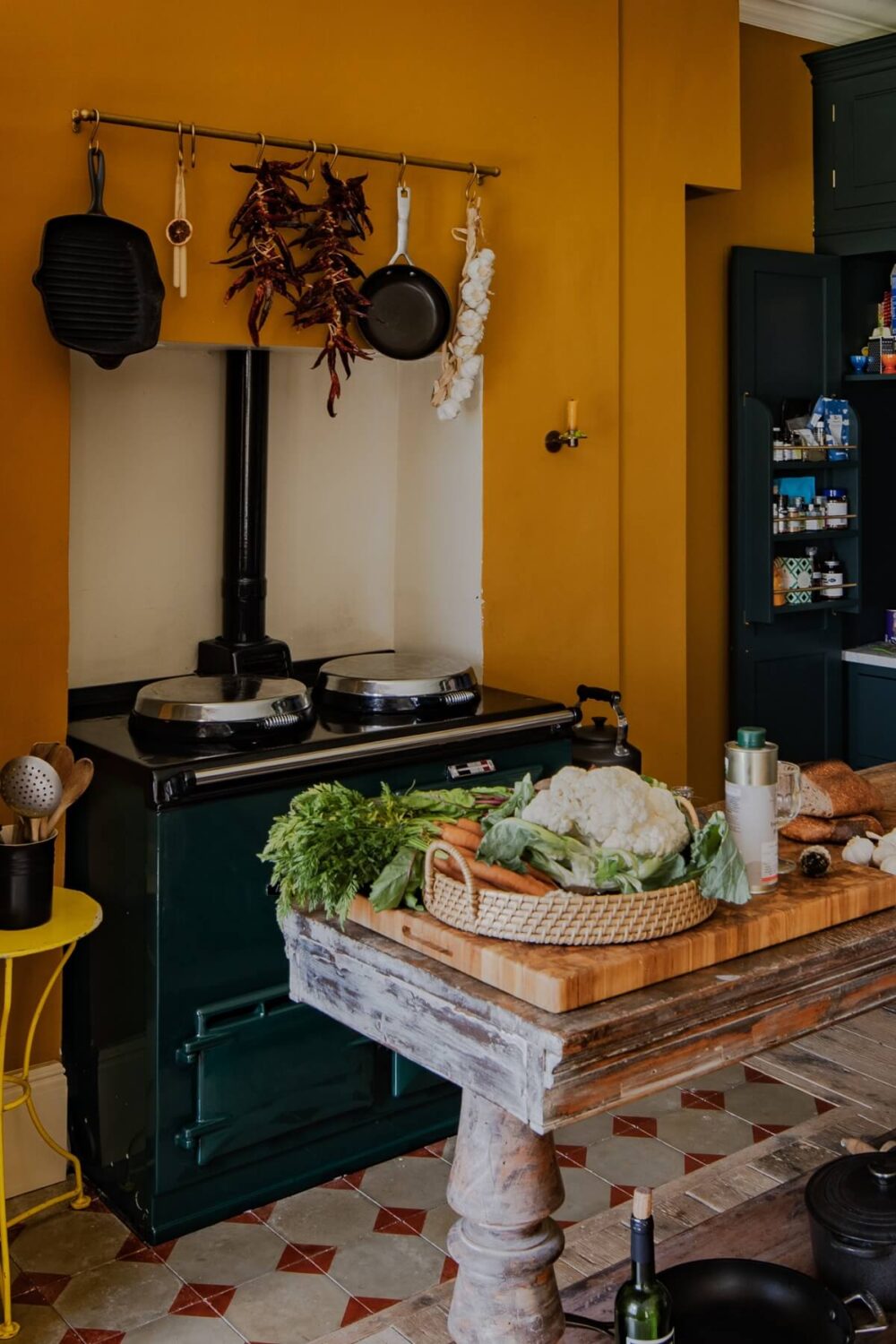 A Colorful Renovated Country House by Clarence & Graves 9 country-kitchen-yellow-wall-aga-stove-vintage-prep-table-nordroom