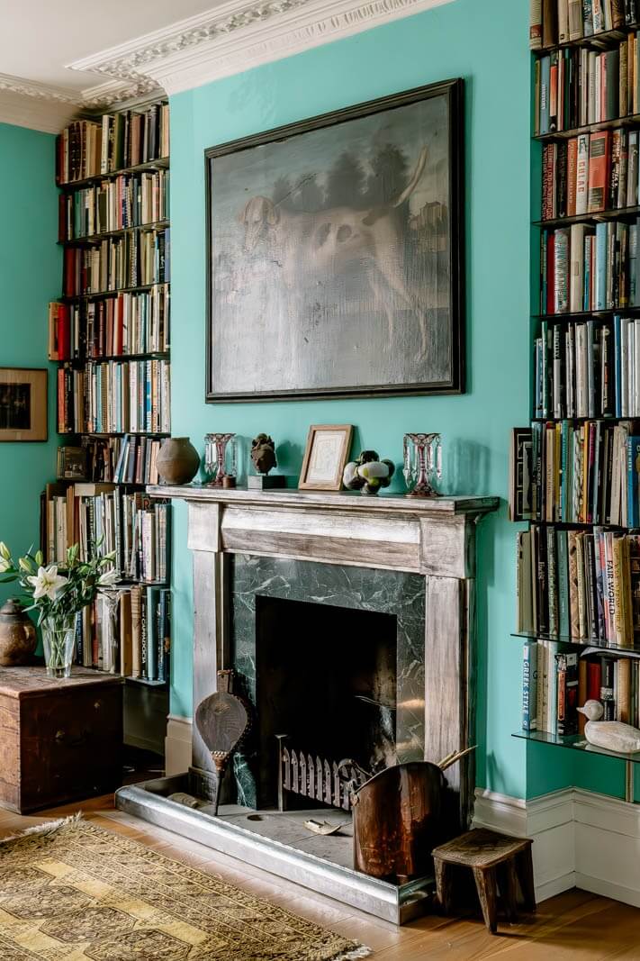 Valspar Color of the Year 2024: Renew Blue 21 fresh-blue-walls-sitting-room-fireplace-bookshelves-nordroom