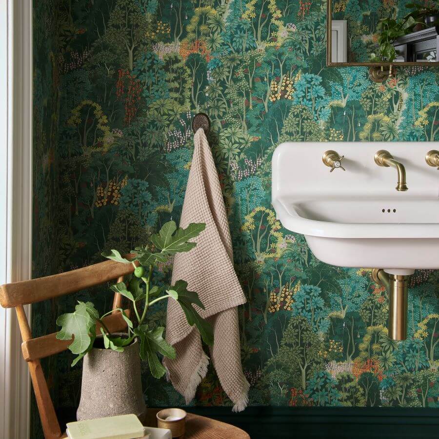 The Color Trends for 2024: Comforting Neutrals & Positive Accents 120 graham-brown-wallpaper-2024-New-Eden-Emerald-Bathroom