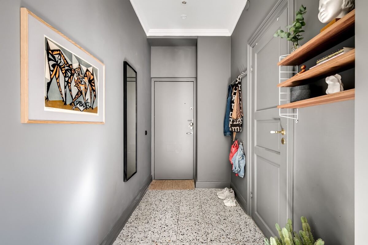 A Custom Headboard in a Light-Filled Swedish Apartment 23 gray-hallway-terrazzo-tile-floor-nordroom