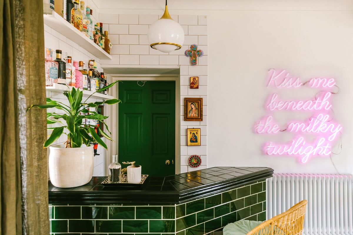 A Georgian House in England with Bold Color Pops 12 home-bar-green-tiles-nordroom