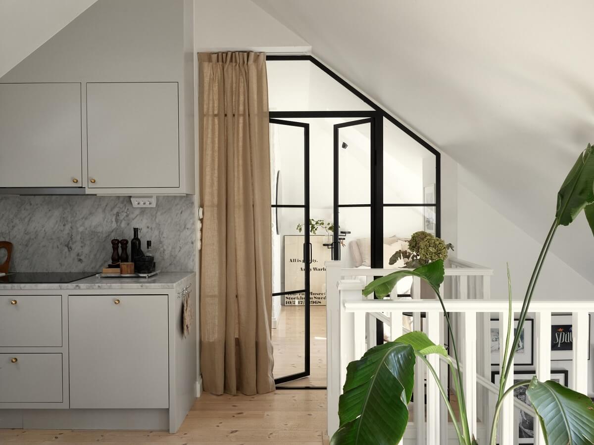 A Small Attic Apartment with Industrial Glass walls 11 industrial-glass-wall-beige-translucent-curtain-nordroom