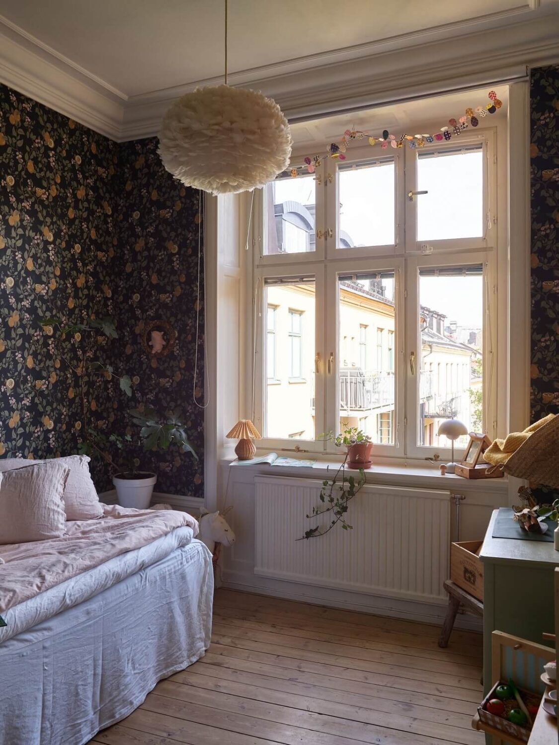 Beige Walls in a Serene Family Apartment in Sweden 21 kids-bedroom-dark-blue-wallpaper-nordroom