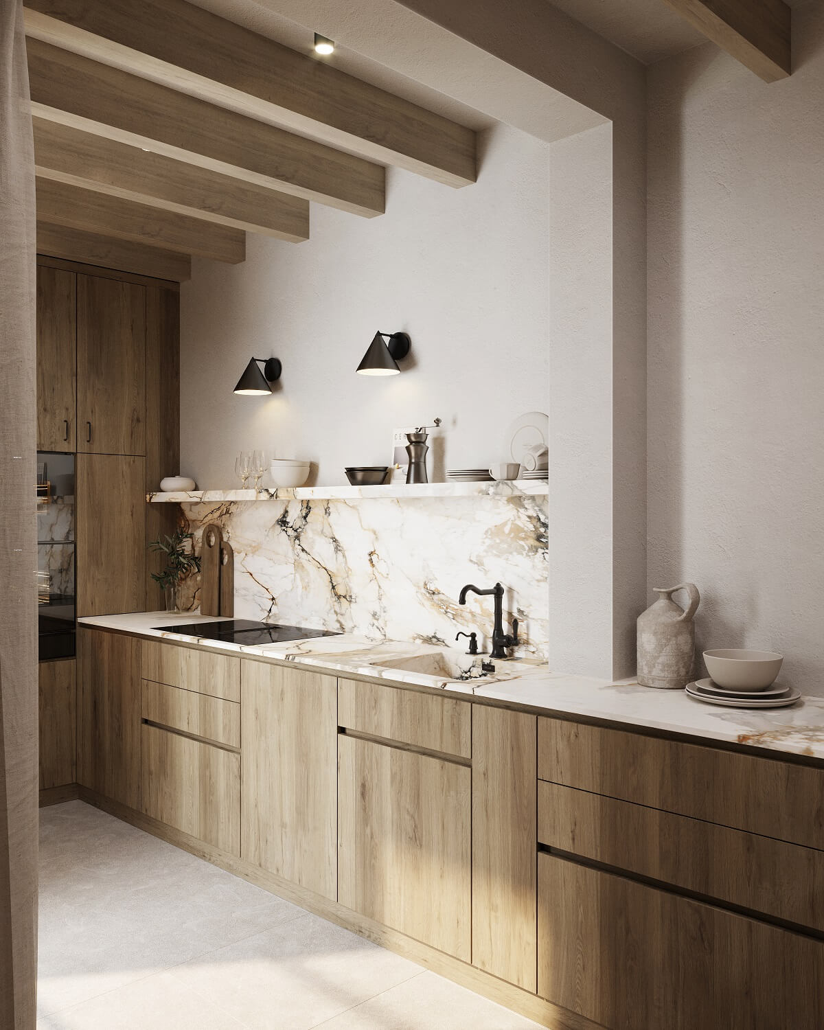 A Renovated Townhouse on Mallorca with a Swimming Pool 8 kitchen-wooden-cabinets-exposed-beams-nordroom