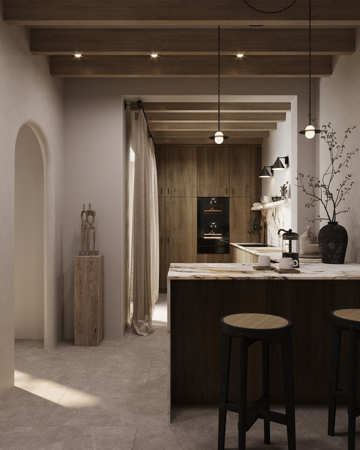 A Renovated Townhouse on Mallorca with a Swimming Pool 9 l-shaped-kitchen-breakfast-bar-wooden-beams-nordroom
