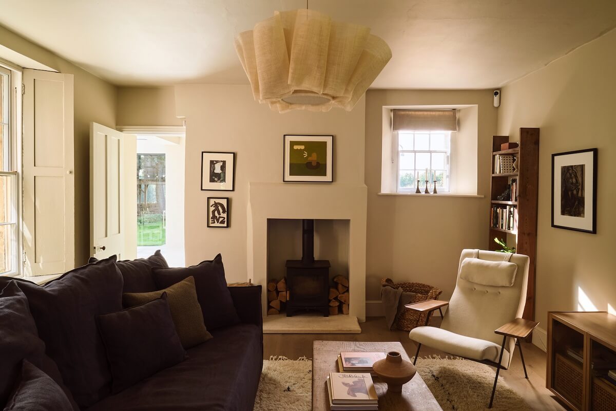 A Beautiful Chapel Conversion in England 13 living-room-beige-walls-woodburner-nordroom