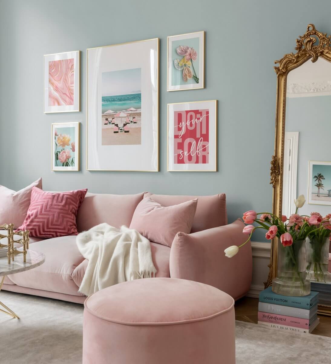 Valspar Color of the Year 2024: Renew Blue 25 living-room-blue-walls-pink-sofa-antique-mirror-nordroom