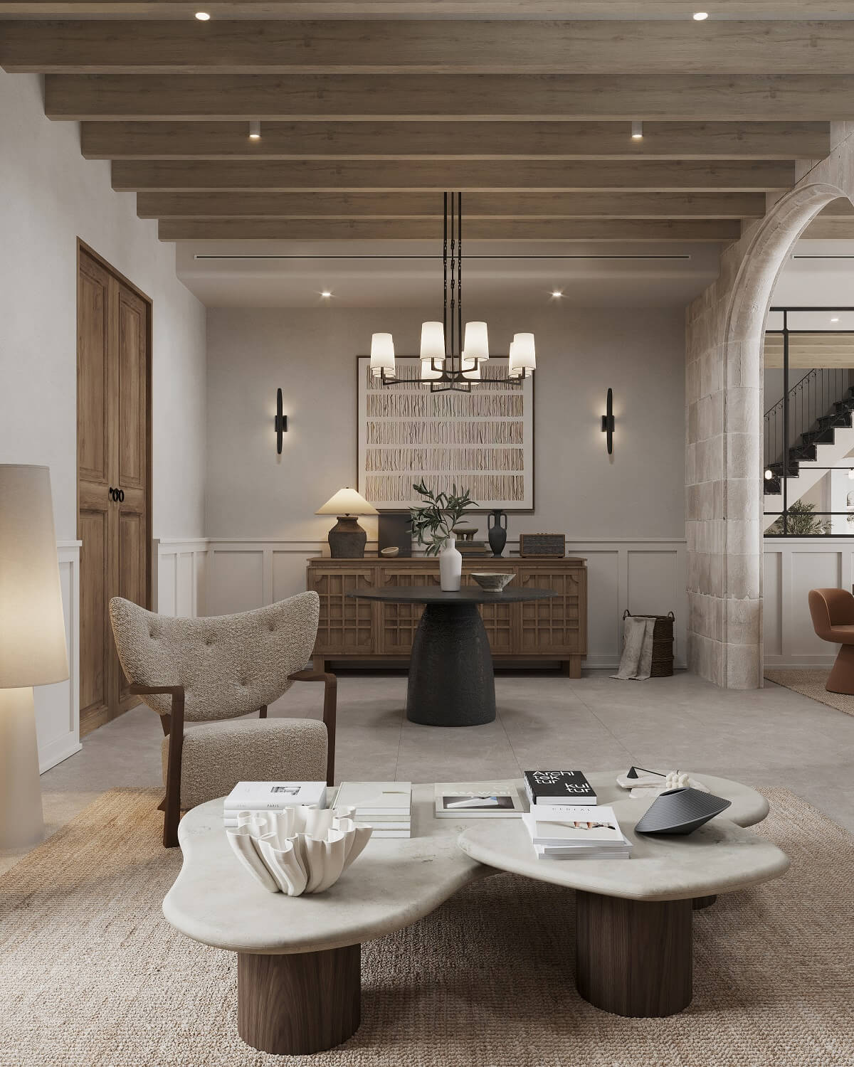 A Renovated Townhouse on Mallorca with a Swimming Pool 10 living-room-exposed-wooden-beams-townhouse-mallorca-nordroom