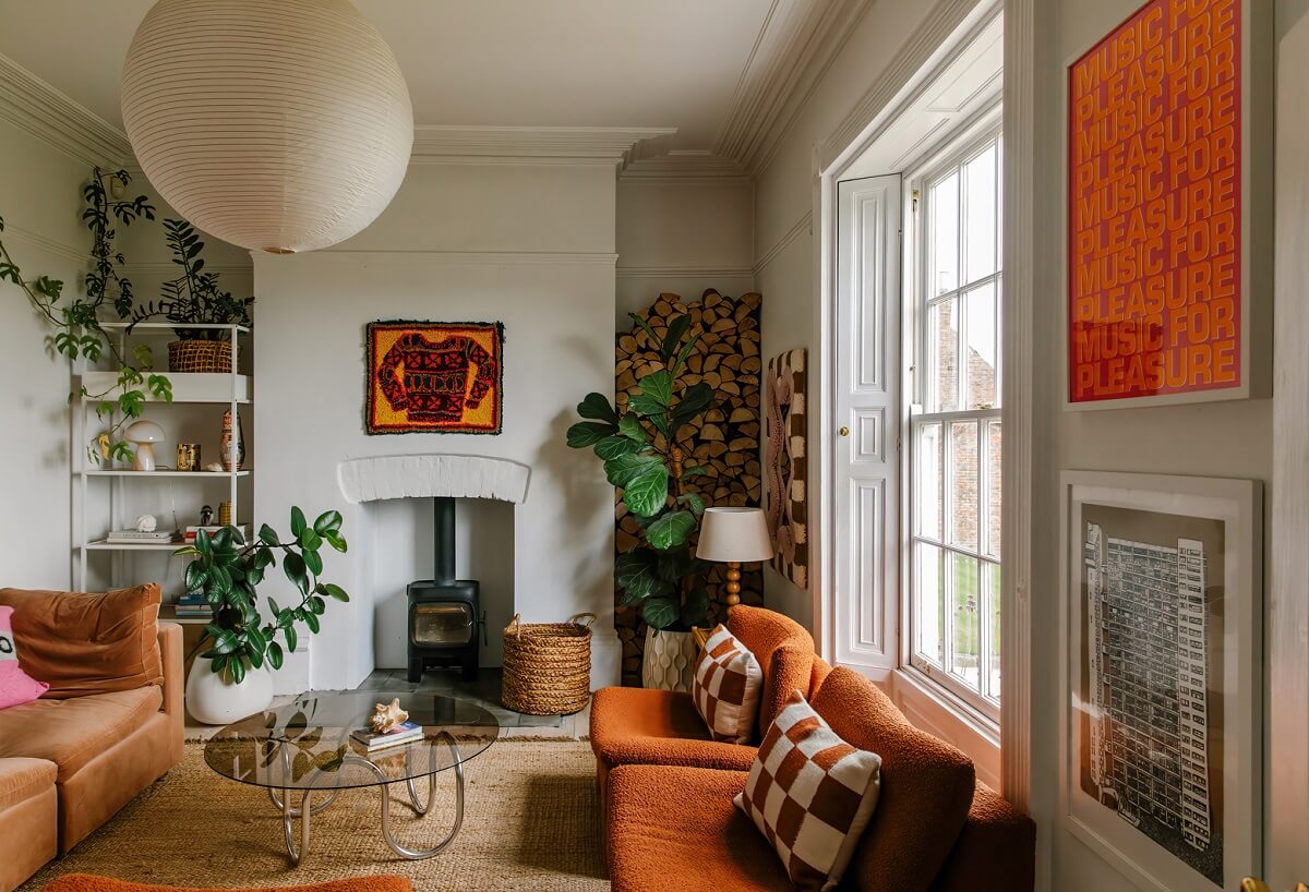 A Georgian House in England with Bold Color Pops 15 living-room-terracotta-sofa-nordroom