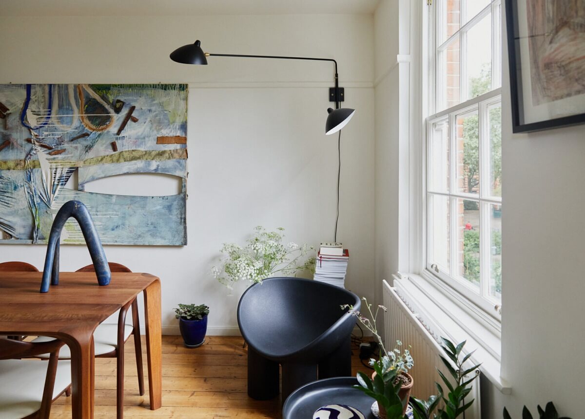 A London Apartment with a Small Blue deVOL Kitchen 5 living-room-with-dining-table-wooden-floor-faye-toogood-chair-nordroom