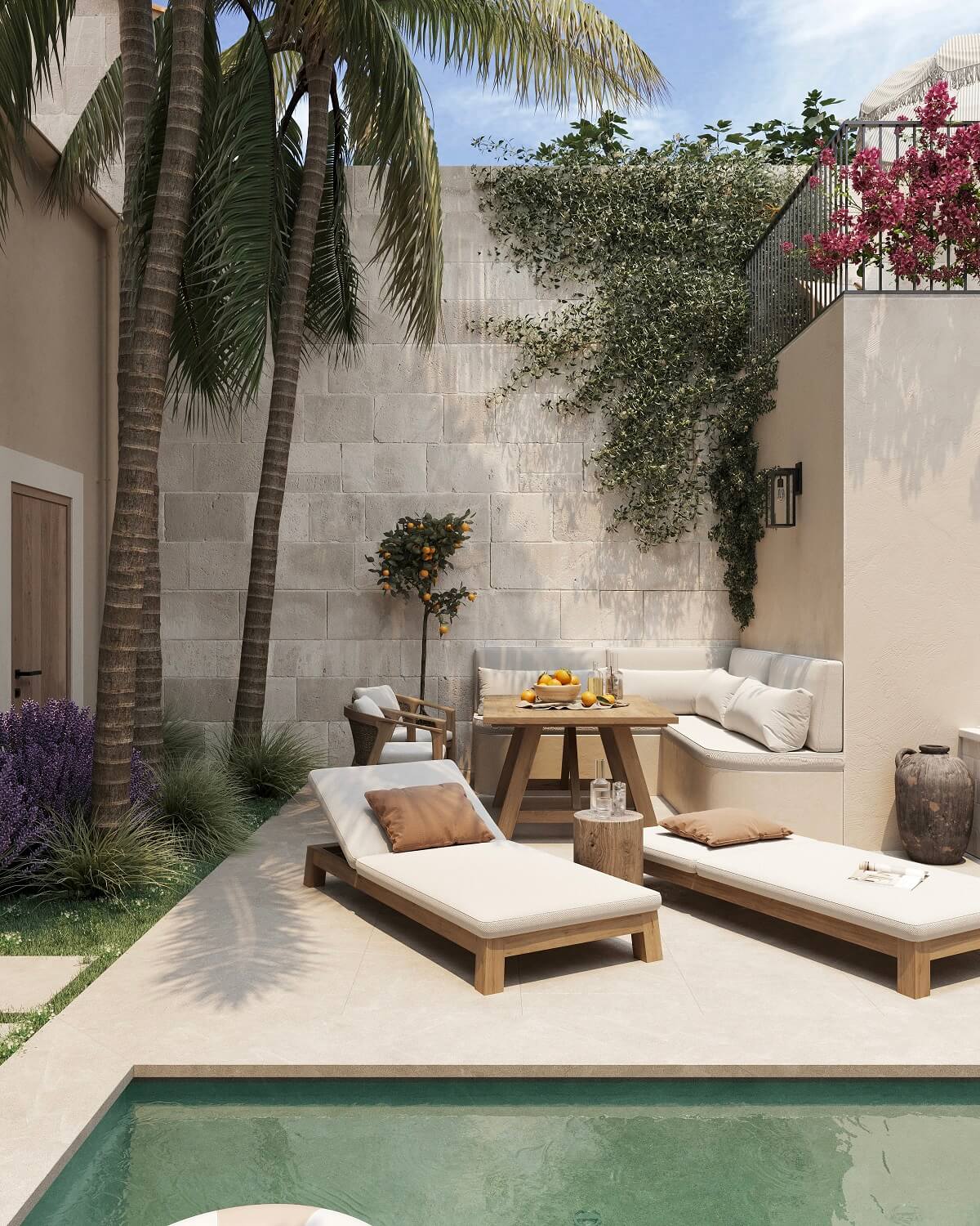 A Renovated Townhouse on Mallorca with a Swimming Pool 23 lounge-beds-salt-water-swimming-pool-nordroom